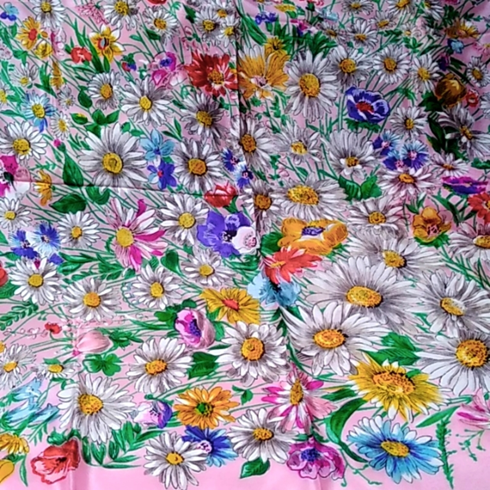 Vintage All Silk CAROL STANLEY Pink Floral Square Scarf 36x35 Hand Rolled Hems